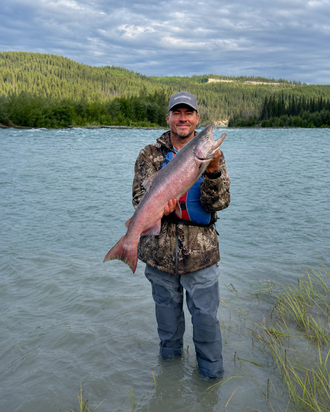 Ashley Brown holding a large fish in a mountain river